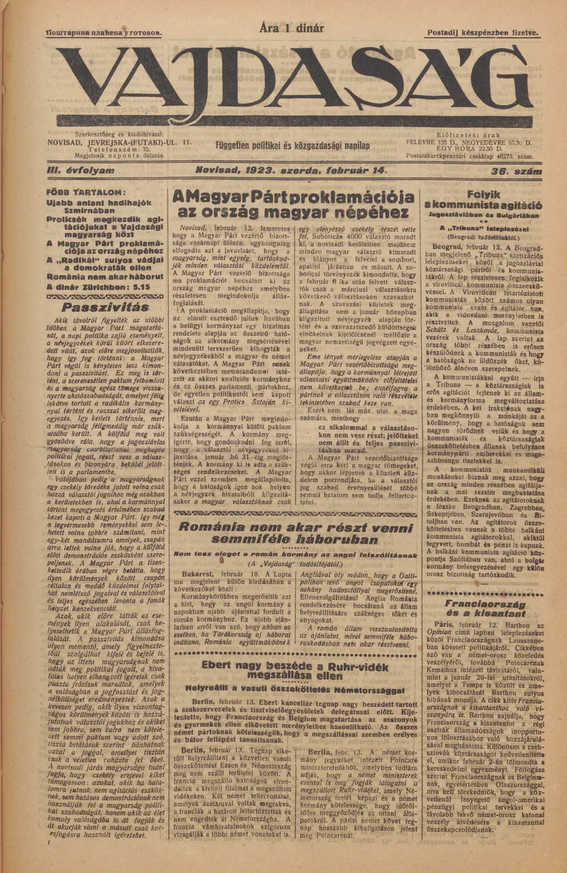 Vajdaság, 3. évf. 1923. február 14. 36. sz.