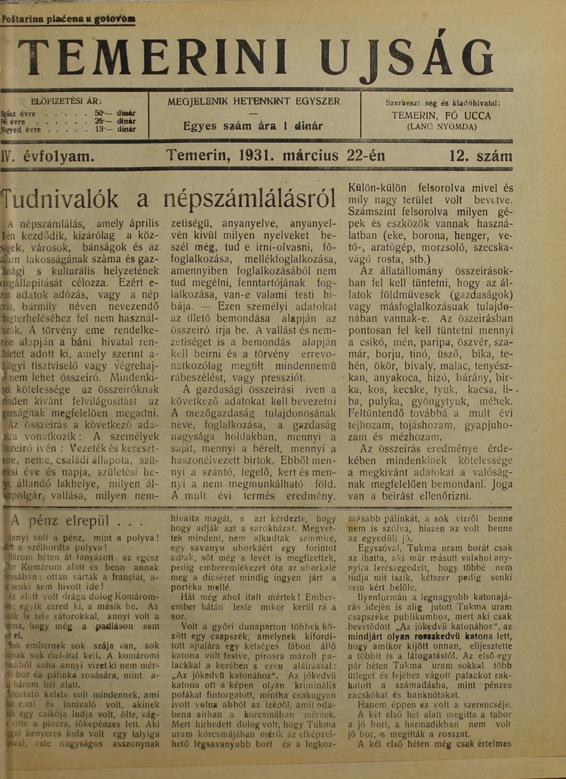 Temerini Újság 1928-1944, 4. évf. 1931. március 22. 12. sz.