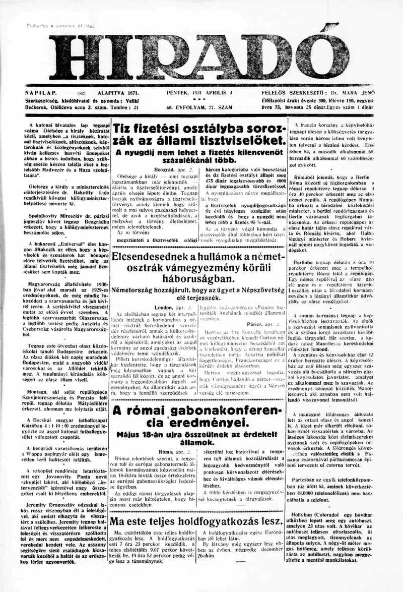 Híradó, 60. évf. 1931. április 3. 77. sz.