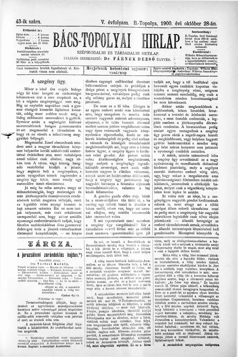 Bács-Topolyai Hirlap, 5. évf. 1900. október 28. 43. sz.