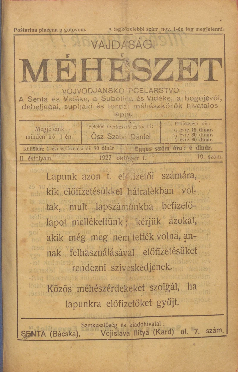 Vajdasági méhészet, 2. évf. 1927. október 1. 10. sz.