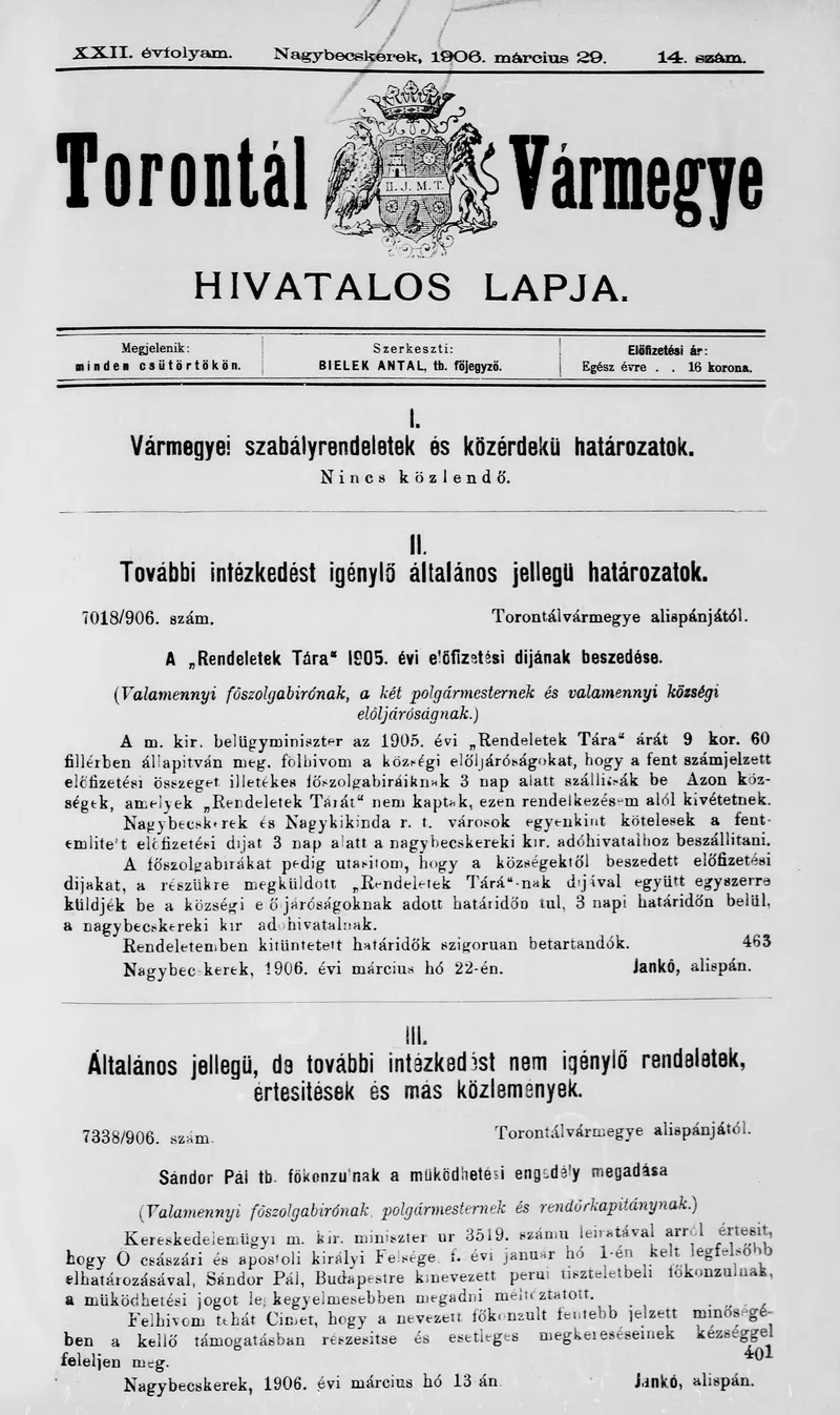 Torontál Vármegye Hivatalos Lapja, 22. évf. 1906. március 29. 14. sz.