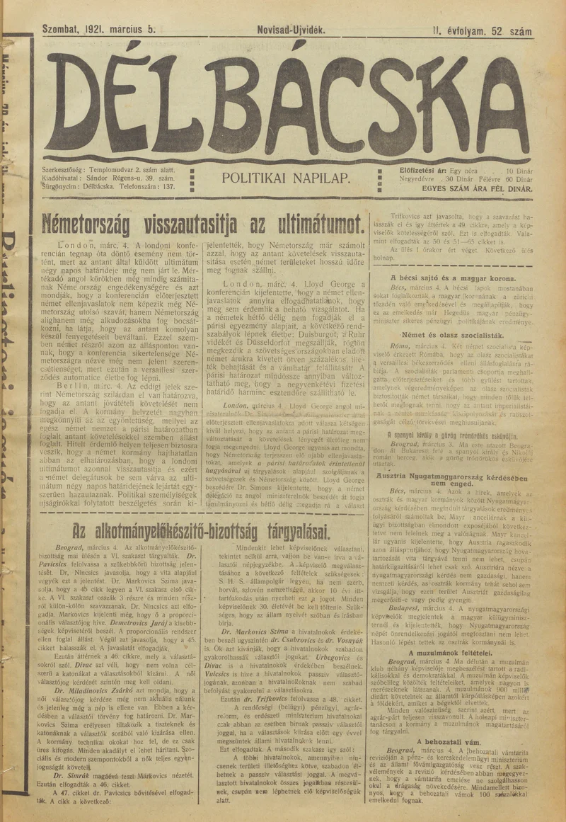 Délbácska, 2. évf. 1921. március 5. 52. sz.