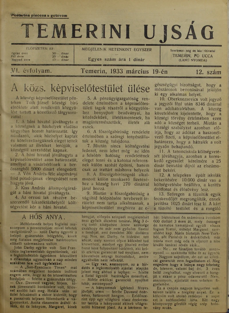 Temerini Újság 1928-1944, 6. évf. 1933. március 19. 12. sz.