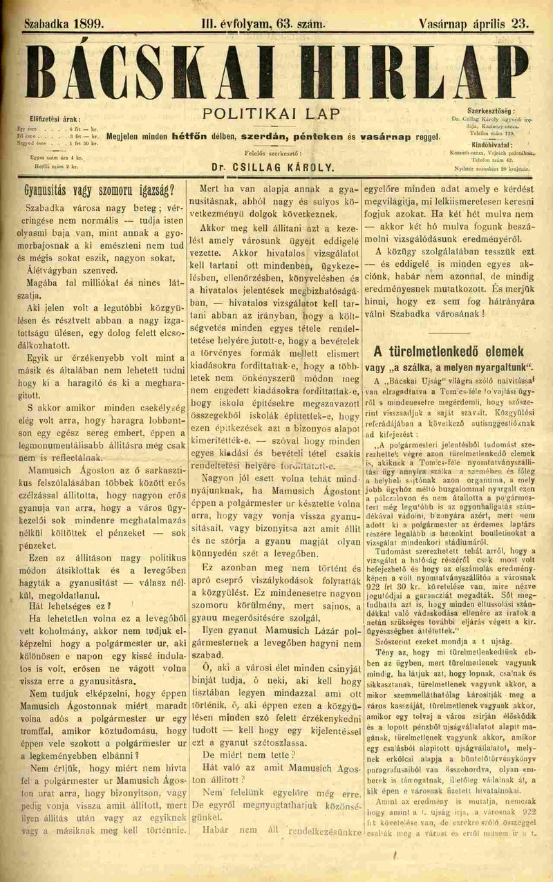 Bácskai Hirlap, 3. évf. 1899. április 23. 63. sz.