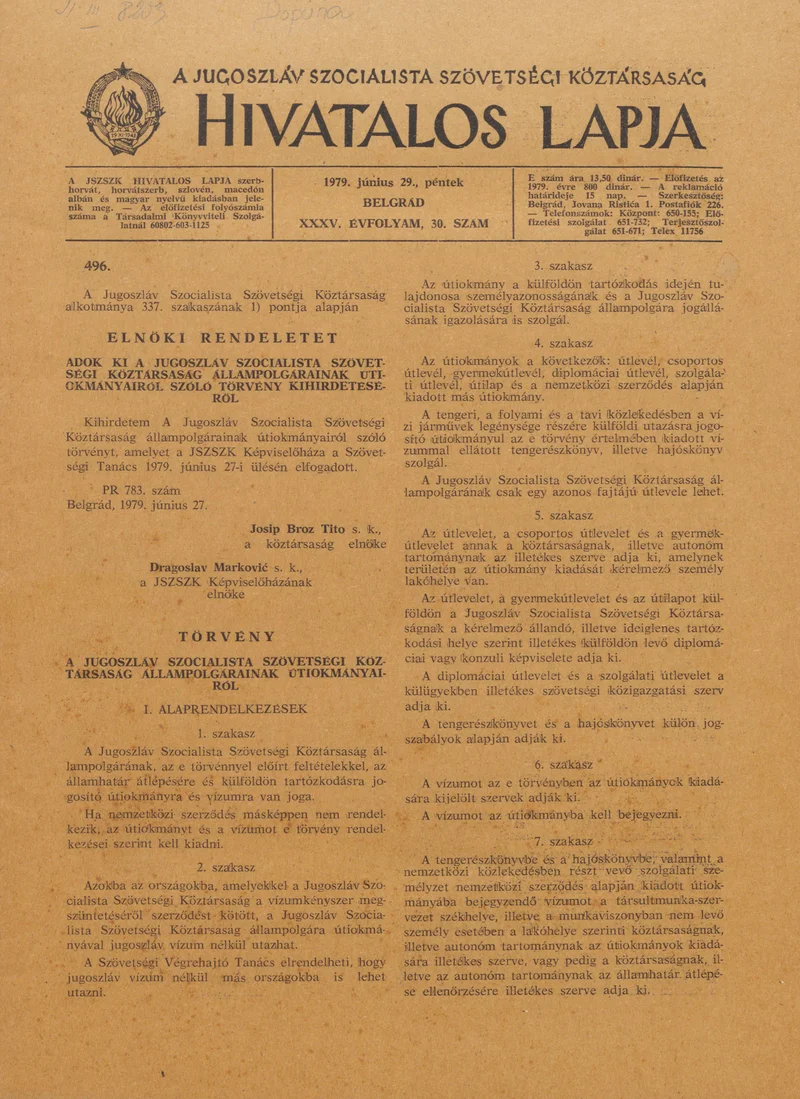A Jugoszláv Szocialista Szövetségi Köztársaság Hivatalos Lapja, 35. évf. 1979. június 29. 30. sz. 957–992. oldal
