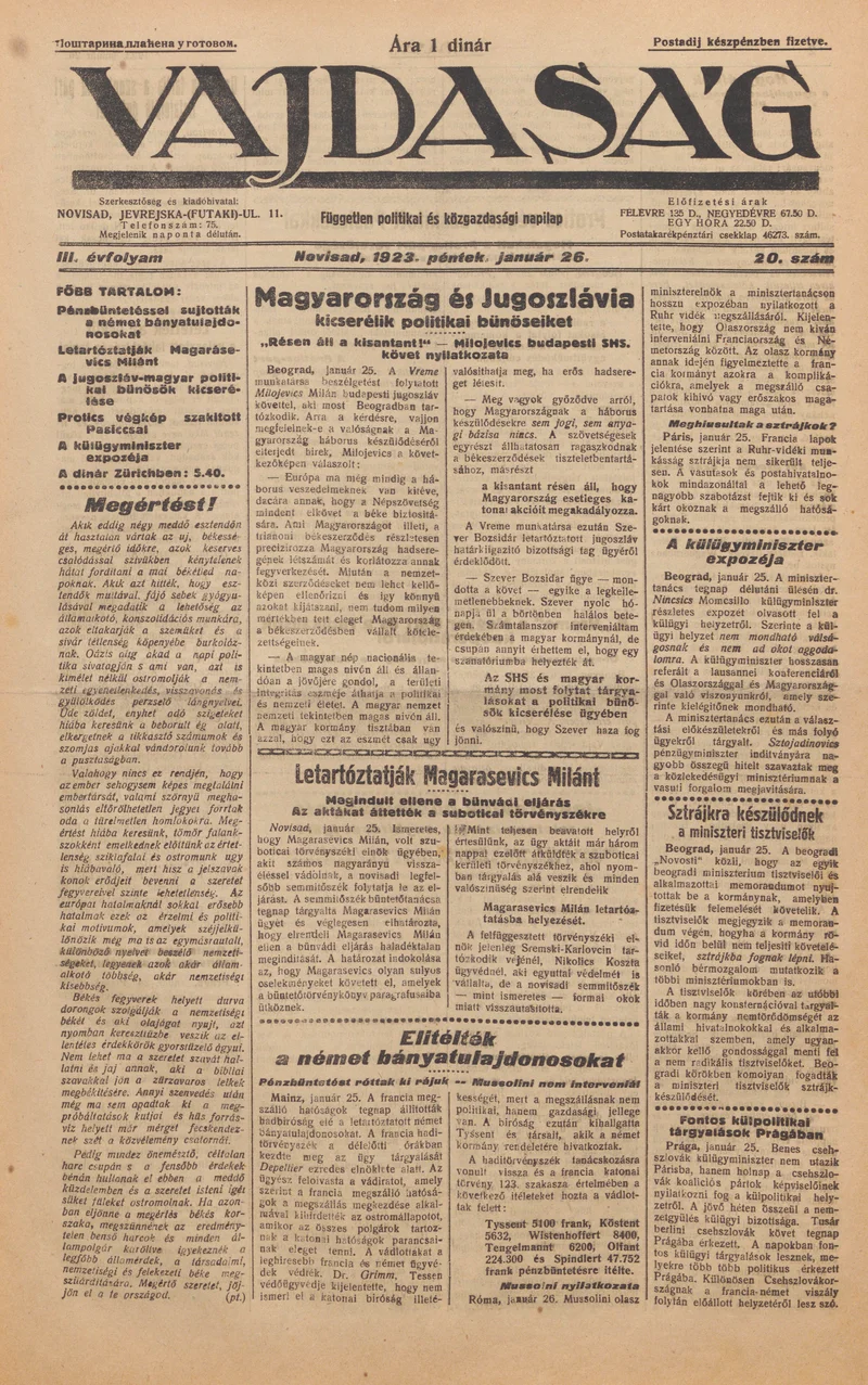 Vajdaság, 3. évf. 1923. január 26. 20. sz.