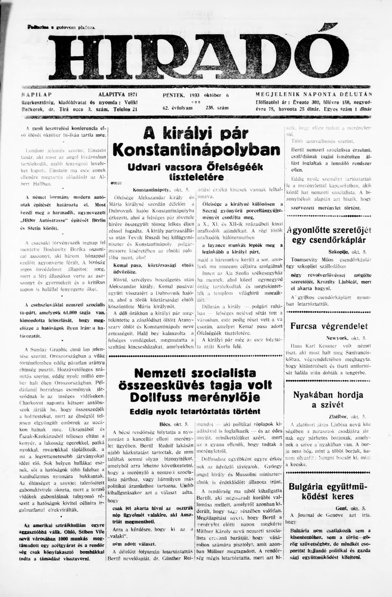 Híradó, 62. évf. 1933. október 6. 235. sz.