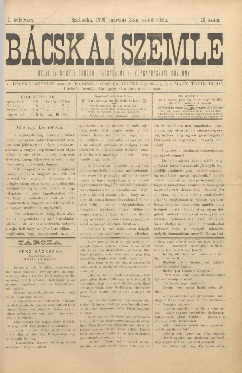 Bácskai Szemle, 1. évf. 1893. március 2. 18. sz.