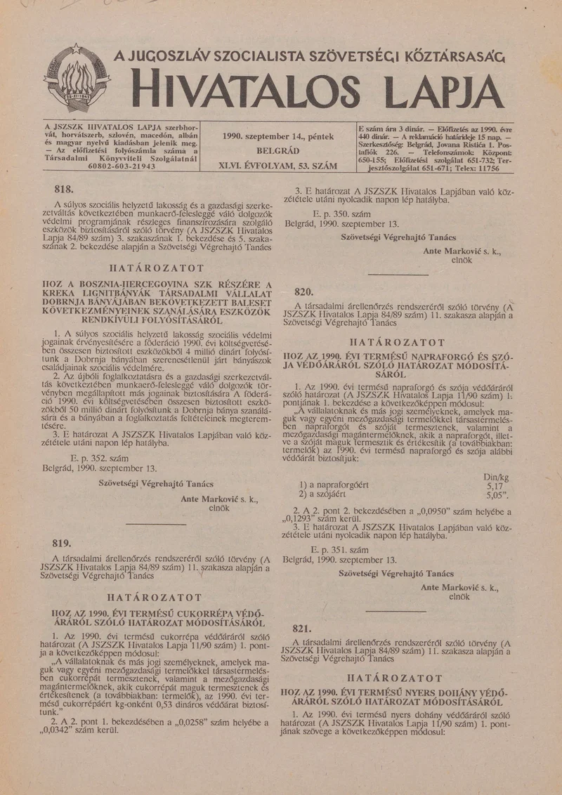 A Jugoszláv Szocialista Szövetségi Köztársaság Hivatalos Lapja, 46. évf. 1990. szeptember 14. 53. sz. 1745–1752. oldal