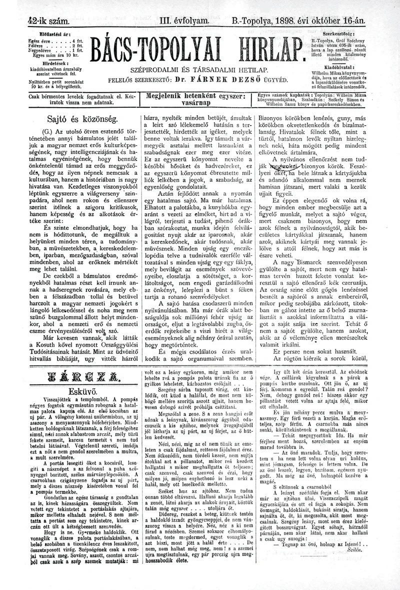 Bács-Topolyai Hirlap, 3. évf. 1898. október 16. 42. sz.