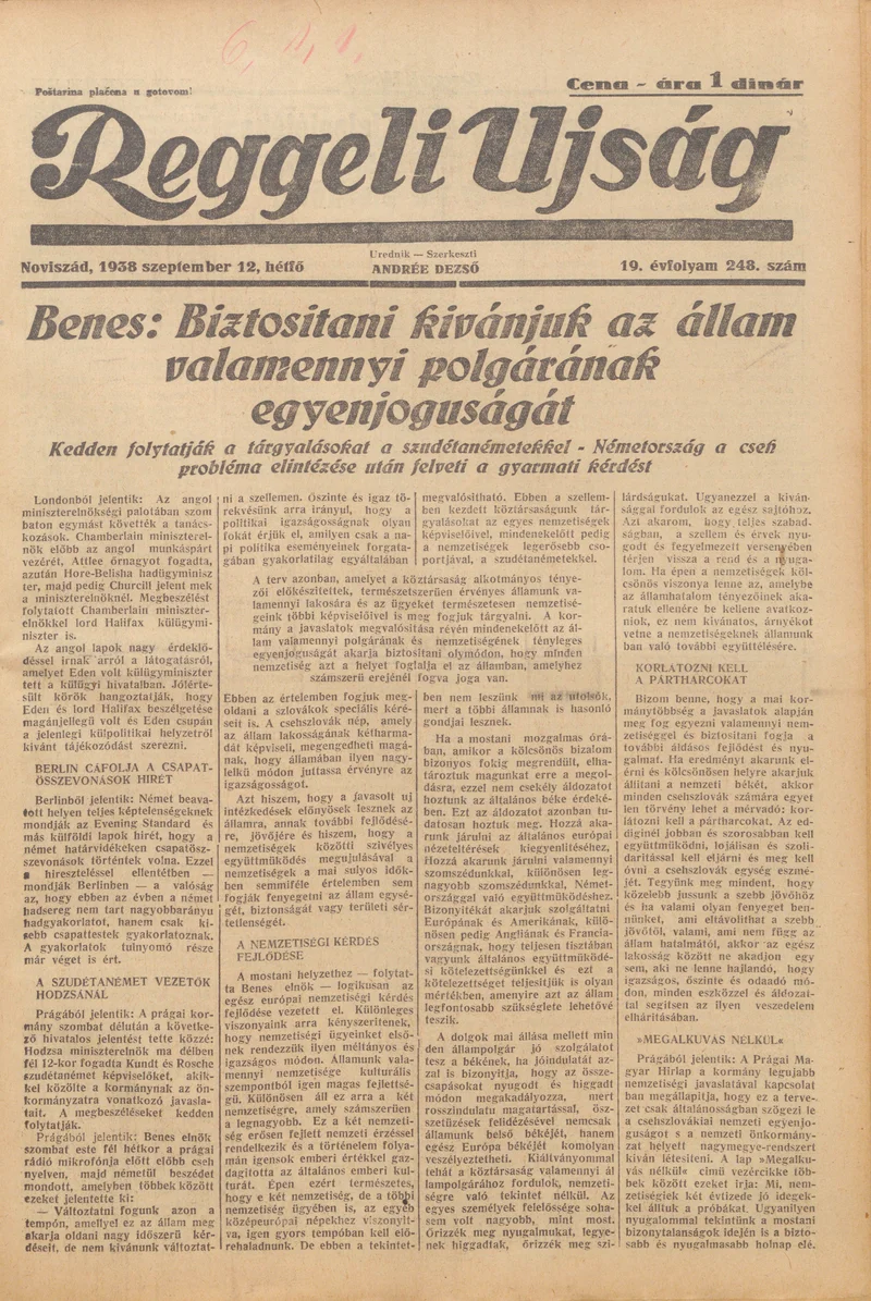 Reggeli Újság, 19. évf. 1938. szeptember 12. 248. sz.