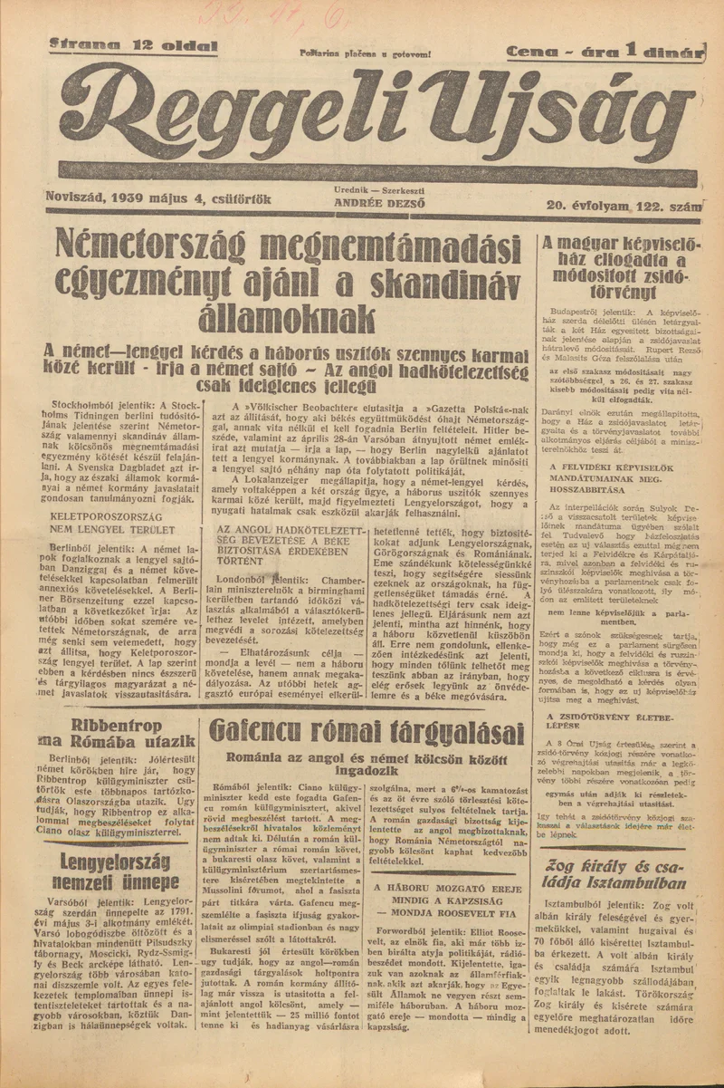 Reggeli Újság, 20. évf. 1939. május 4. 122. sz.