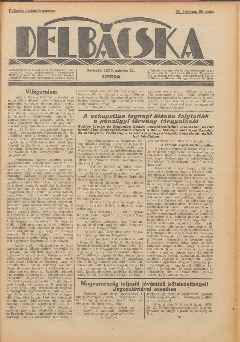 Délbácska, 9. évf. 1928. március 21. 68. sz.