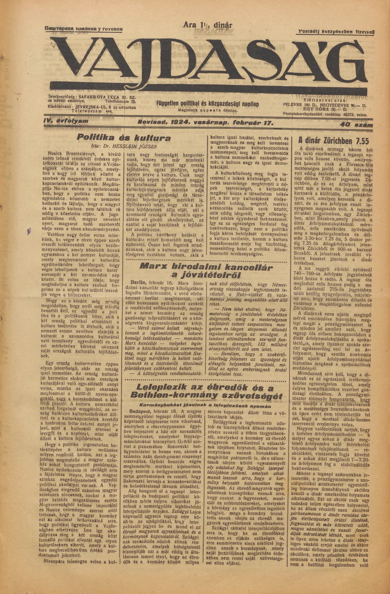 Vajdaság, 4. évf. 1924. február 17. 40. sz.