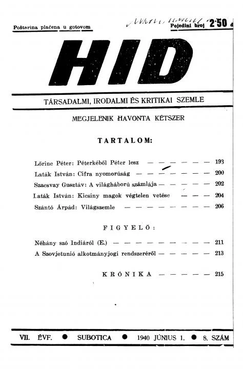 Híd, 7. évf. 1940. június. 8. sz. 193–216. oldal