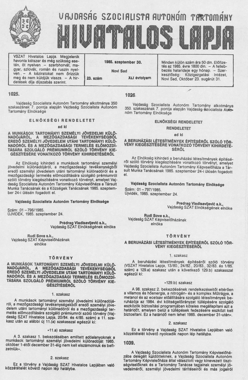 Vajdaság Szocialista Autonóm Tartomány Hivatalos Lapja, 41. évf. 1985. szeptember 30. 23. sz.