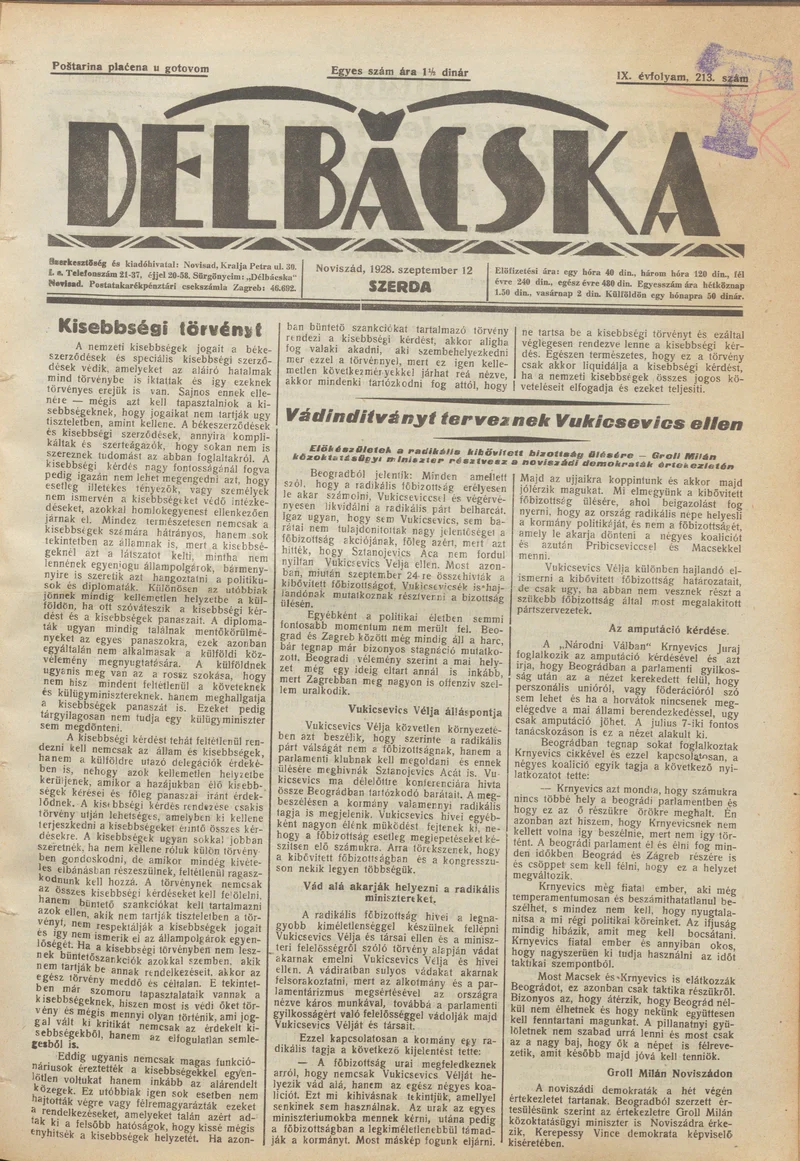 Délbácska, 9. évf. 1928. szeptember 12. 213. sz.