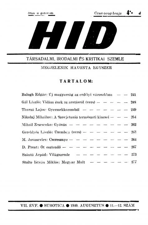 Híd, 7. évf. 1940. augusztus. 11–12. sz. 241–280. oldal