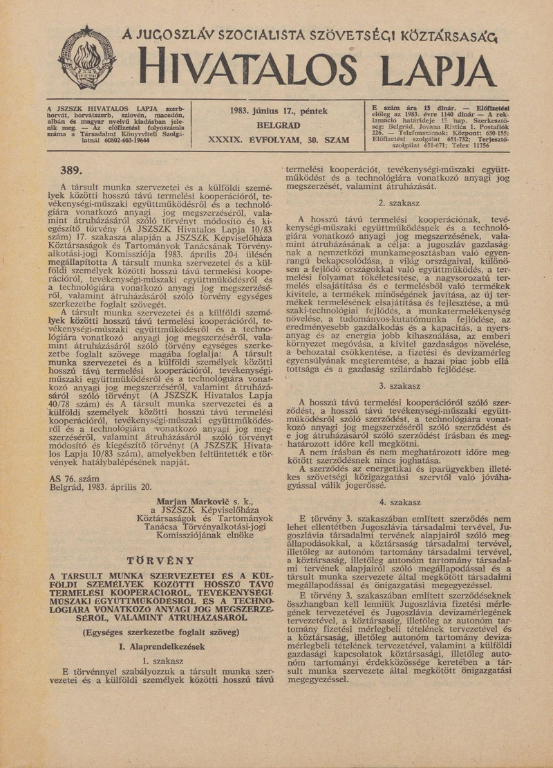 A Jugoszláv Szocialista Szövetségi Köztársaság Hivatalos Lapja, 39. évf. 1983. június 17. 30. sz. 917–940. oldal