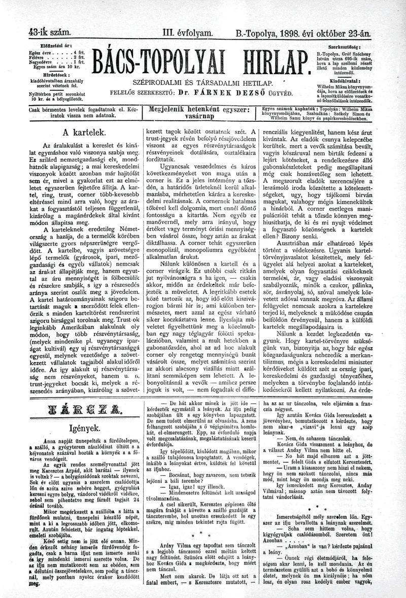 Bács-Topolyai Hirlap, 3. évf. 1898. október 23. 43. sz.