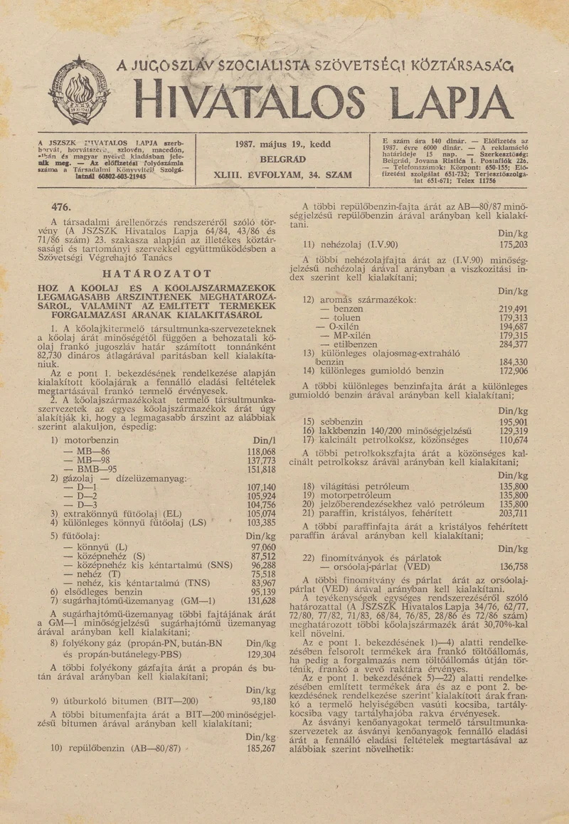 A Jugoszláv Szocialista Szövetségi Köztársaság Hivatalos Lapja, 43. évf. 1987. május 19. 34. sz. 881–884. oldal