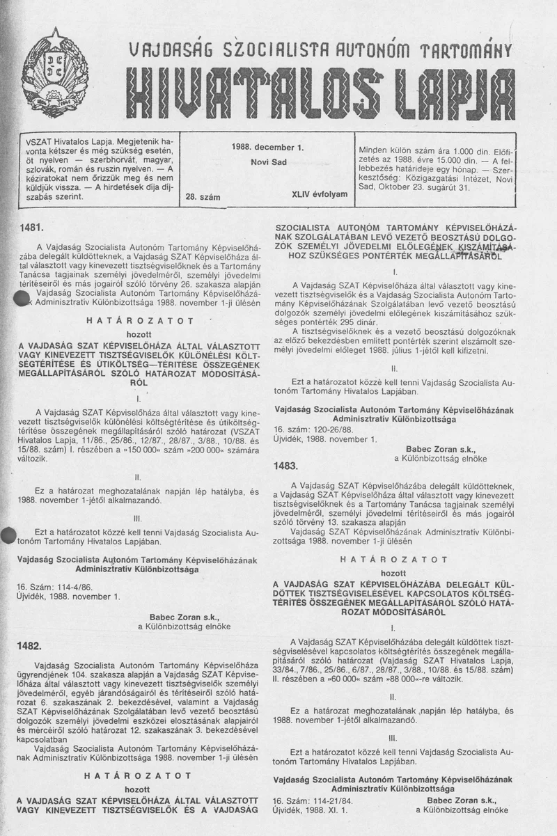 Vajdaság Szocialista Autonóm Tartomány Hivatalos Lapja, 44. évf. 1988. december 1. 28. sz.