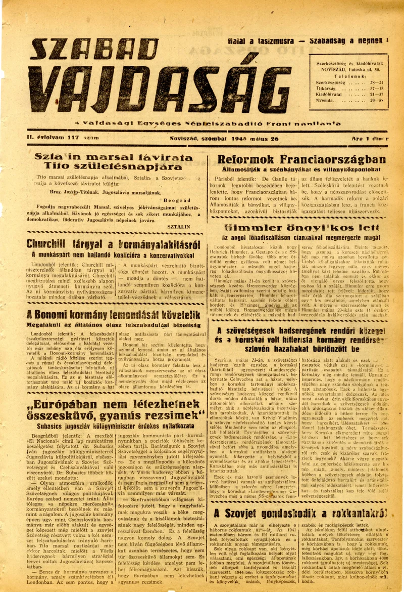 Szabad Vajdaság, 2. évf. 1945. május 26. 117. sz.