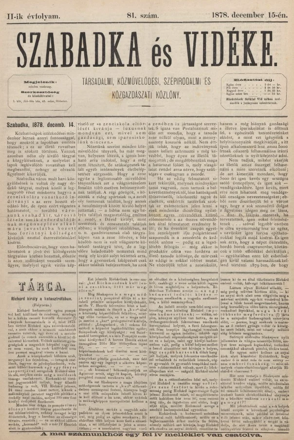 Szabadka és vidéke, 2. évf. 1878. december 15. 81. sz.
