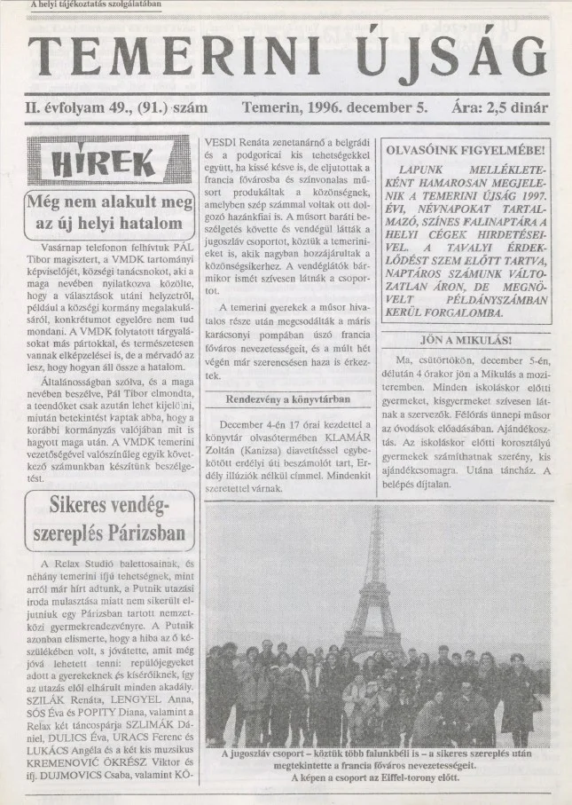 Temerini Újság, 2. évf. 1996. december 5. 49. sz.