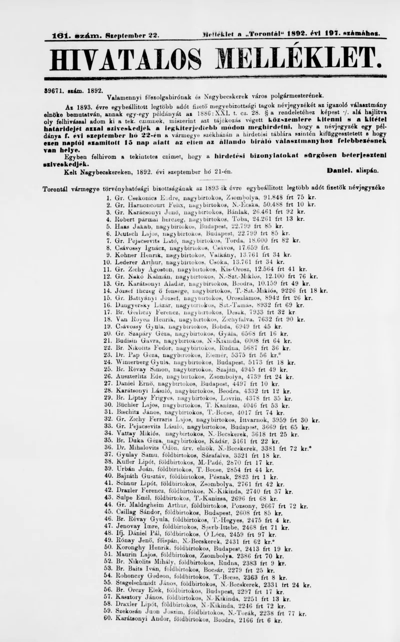 A Totontál  hivatalos melléklete, 5. évf. 1892. szeptember 22. 161. sz.