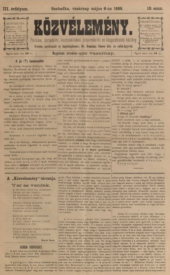 Közvélemény, 3. évf. 1888. május 6. 19. sz.