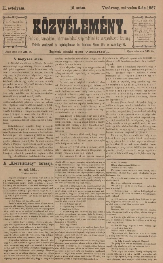 Közvélemény, 2. évf. 1887. március 6. 10. sz.