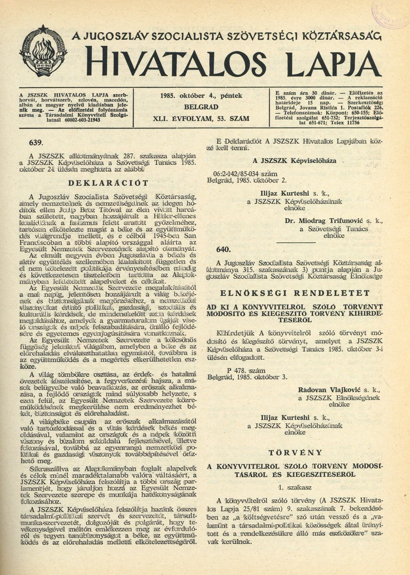 A Jugoszláv Szocialista Szövetségi Köztársaság Hivatalos Lapja, 41. évf. 1985. október 4. 53. sz. 1433–1448. oldal
