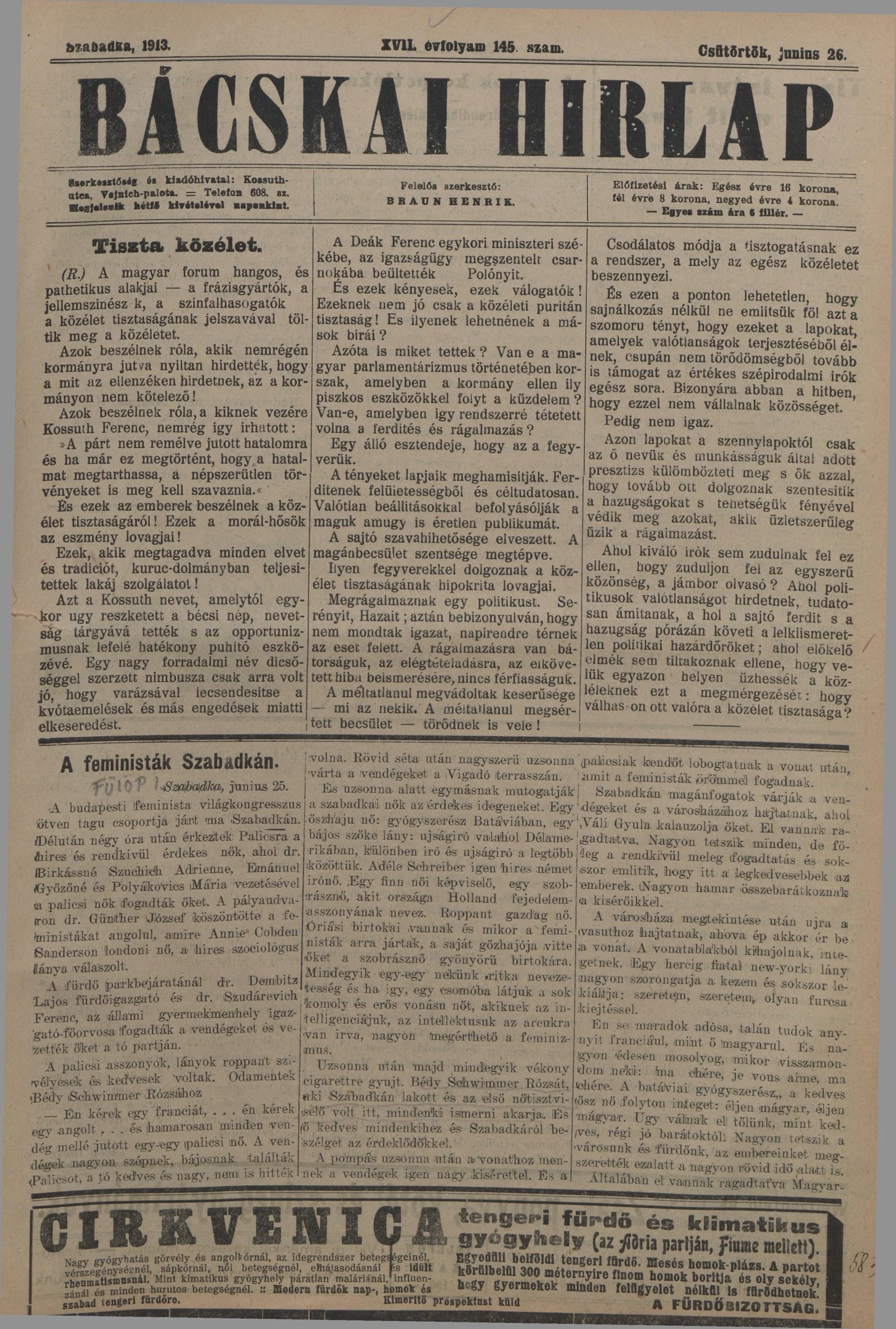 Bácskai Hirlap, 17. évf. 1913. június 26. 145. sz.