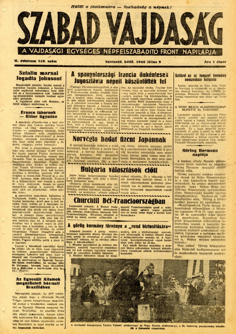 Szabad Vajdaság, 2. évf. 1945. július 9. 155. sz.