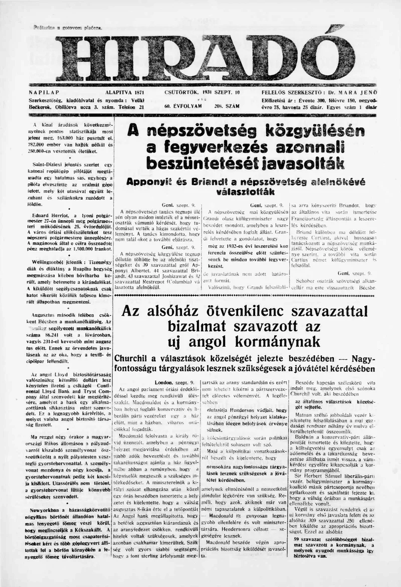 Híradó, 60. évf. 1931. szeptember 10. 208. sz.