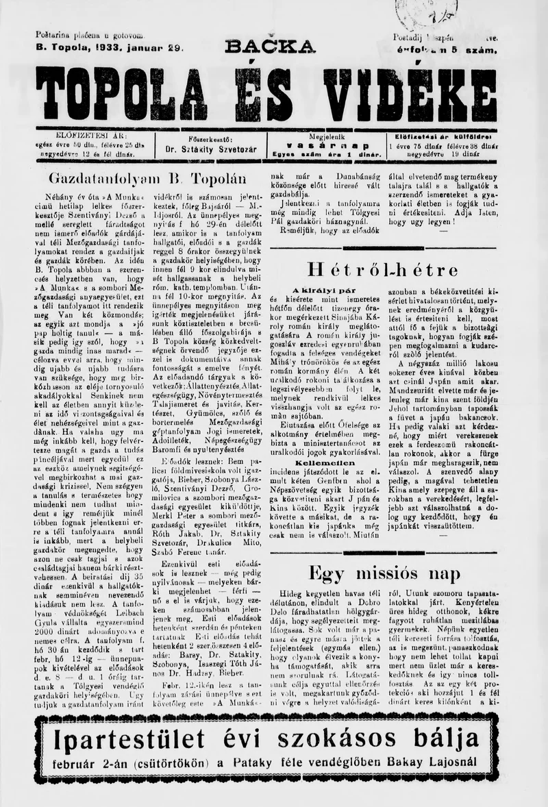 Bačka Topola és Vidéke, 10. évf. 1933. január 29. 5. sz.
