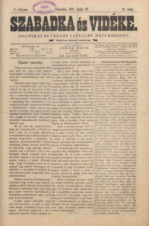 Szabadka és vidéke II, 5. évf. 1897. május 30. 22. sz.