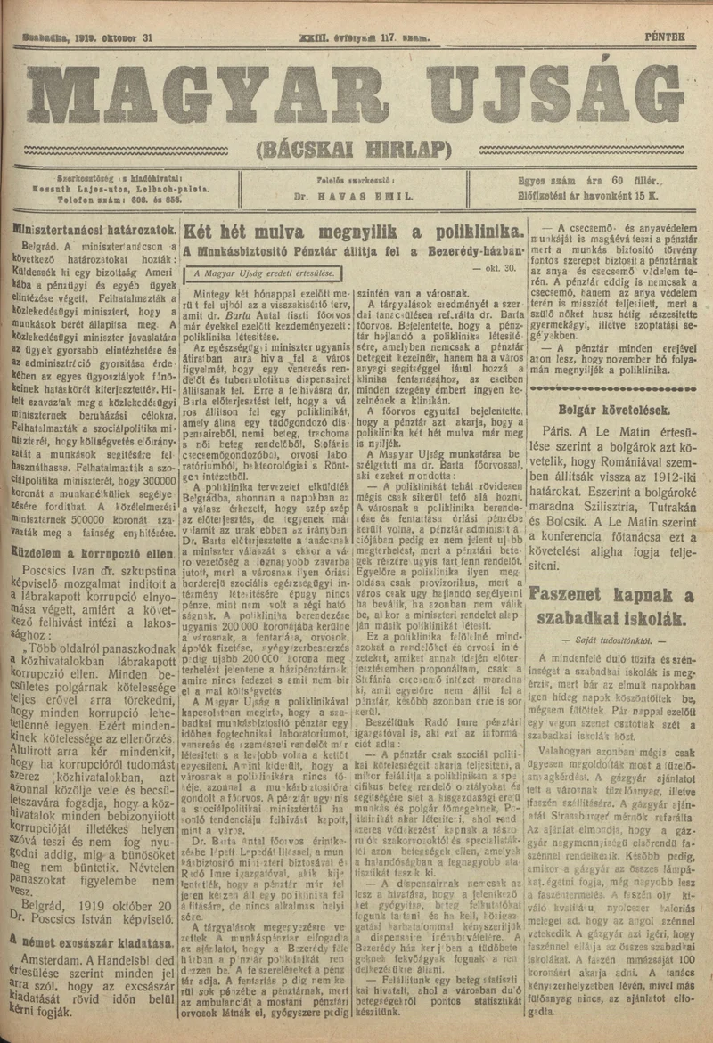 Bácskai Hirlap, 23. évf. 1919. október 31. 117. sz.