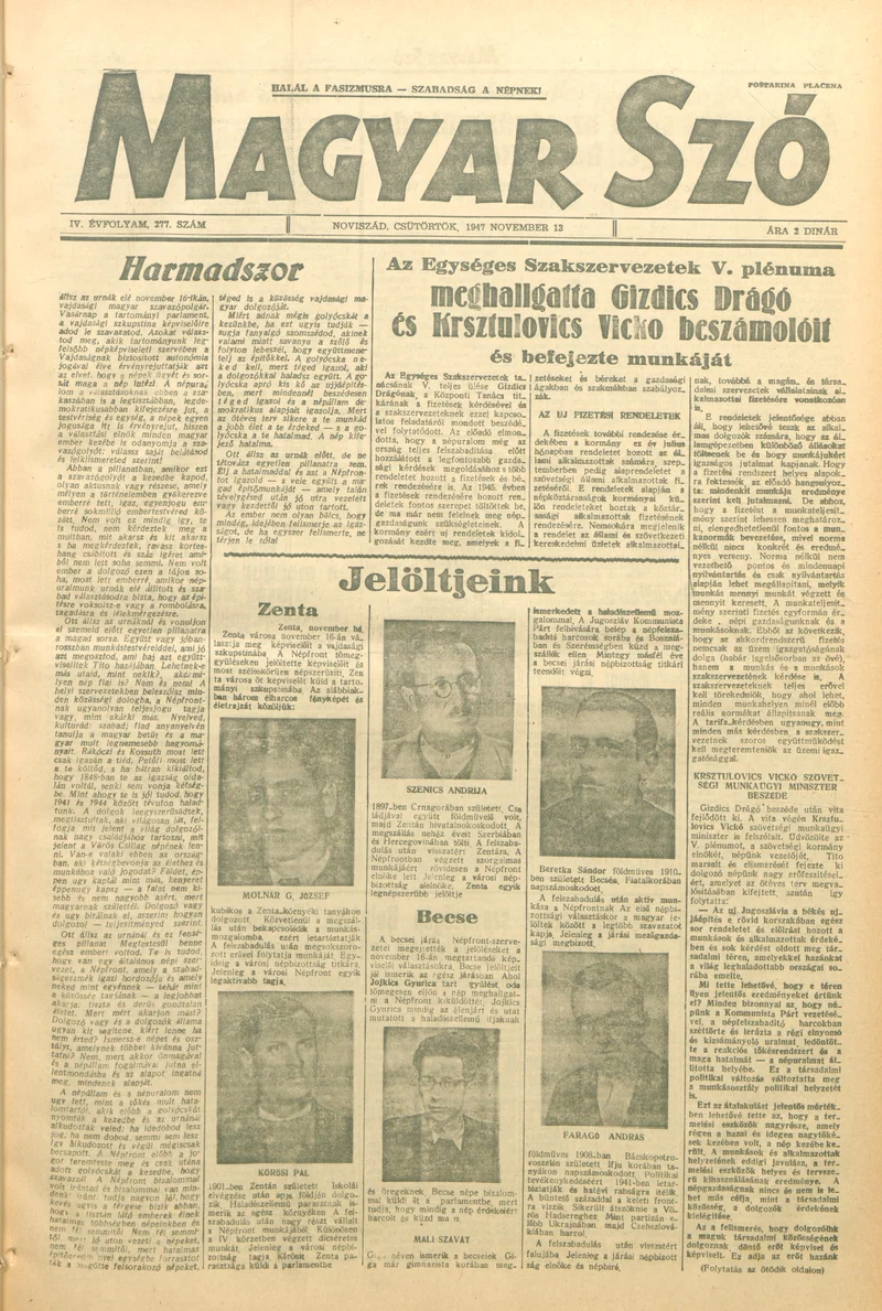 Magyar Szó, 4. évf. 1947. november 13. 277. sz. 1–8. oldal