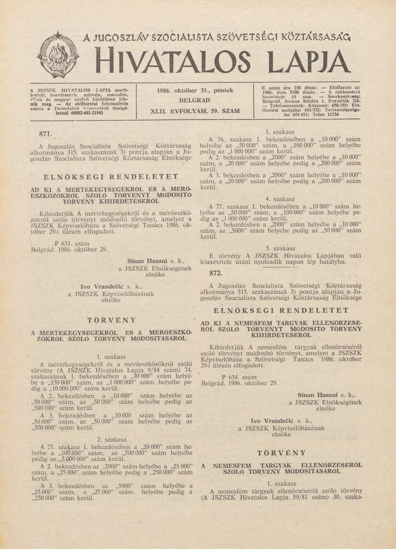 A Jugoszláv Szocialista Szövetségi Köztársaság Hivatalos Lapja, 42. évf. 1986. október 31. 59. sz. 1705–1724. oldal