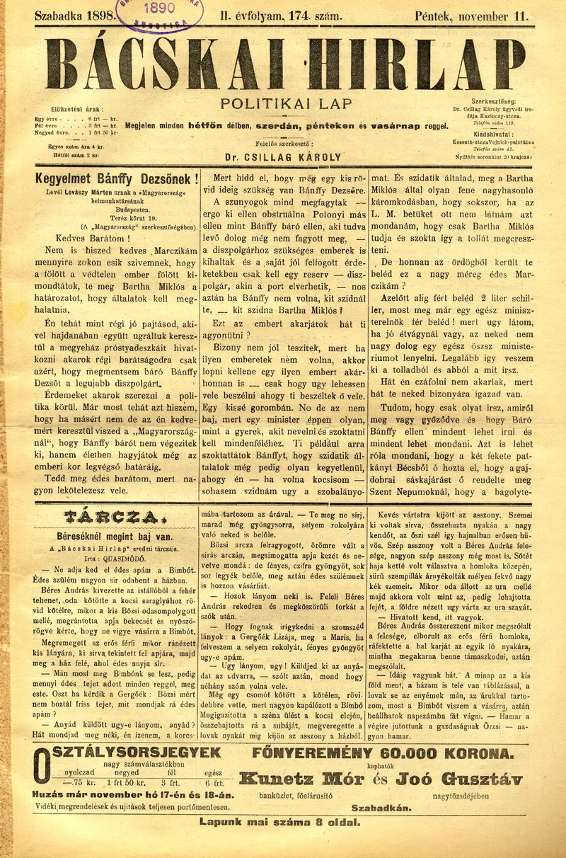 Bácskai Hirlap, 2. évf. 1898. november 11. 174. sz. 1–8. oldal