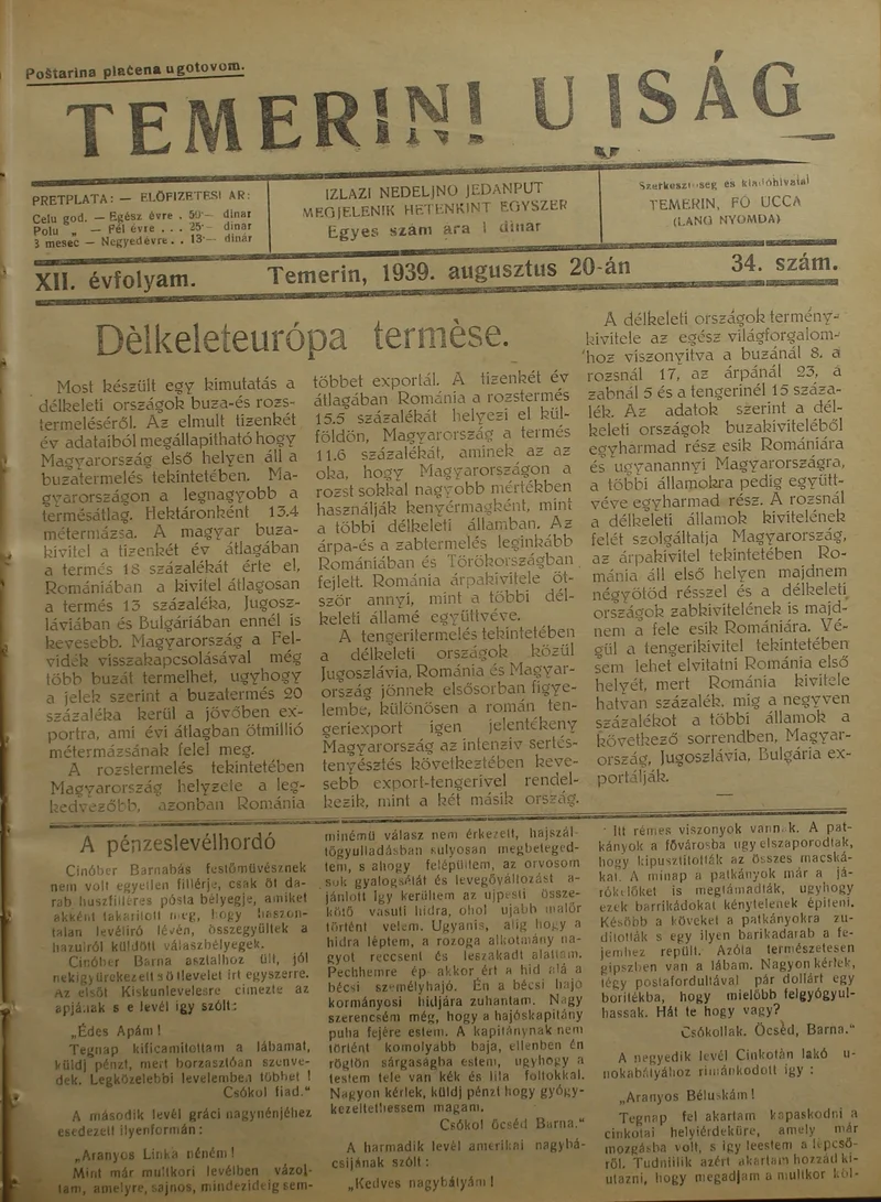 Temerini Újság 1928-1944, 12. évf. 1939. augusztus 20. 34. sz.