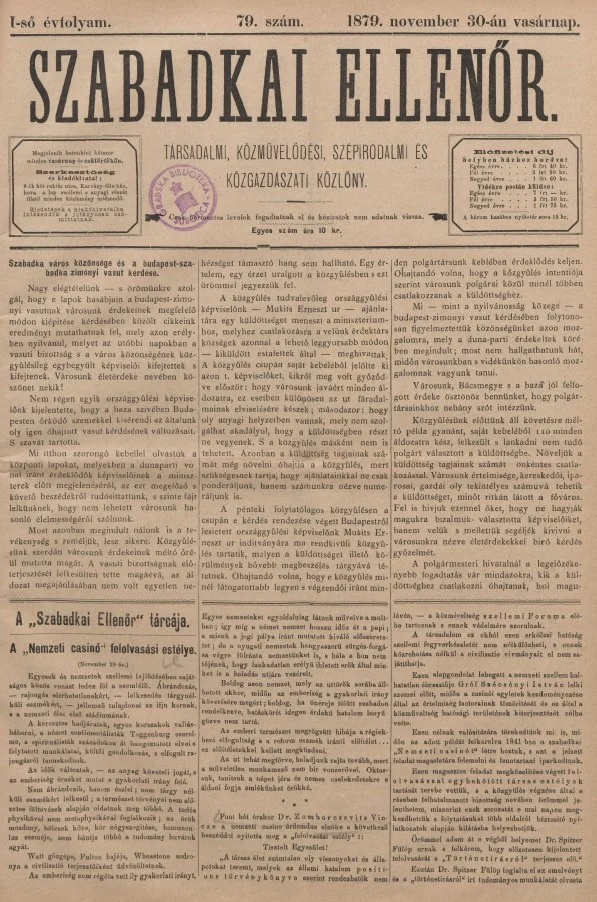 Szabadkai Ellenőr, 1. évf. 1879. november 30. 79. sz.