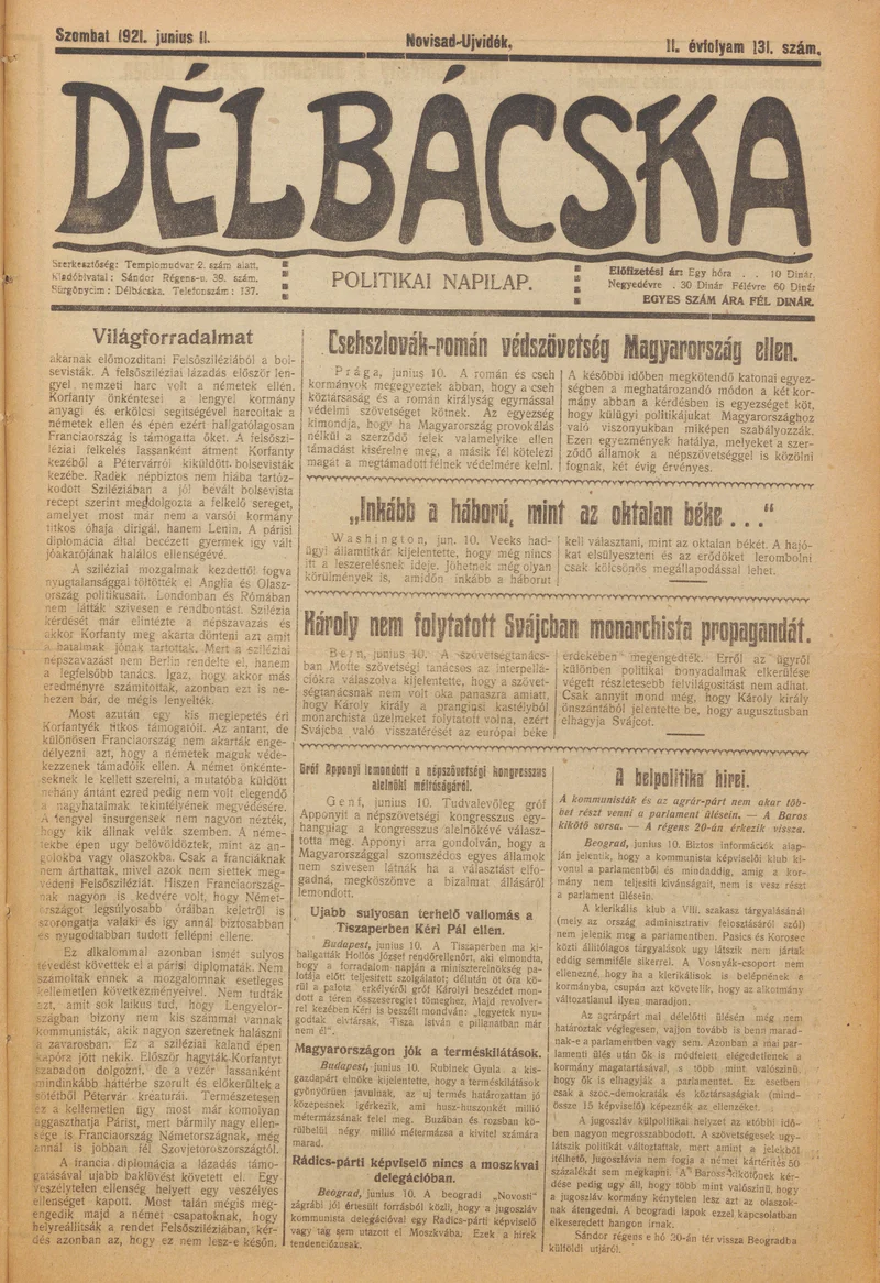 Délbácska, 2. évf. 1921. június 11. 131. sz.