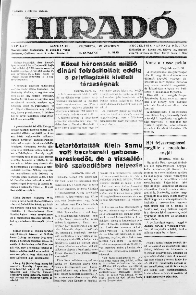 Híradó, 61. évf. 1932. március 31. 74. sz.