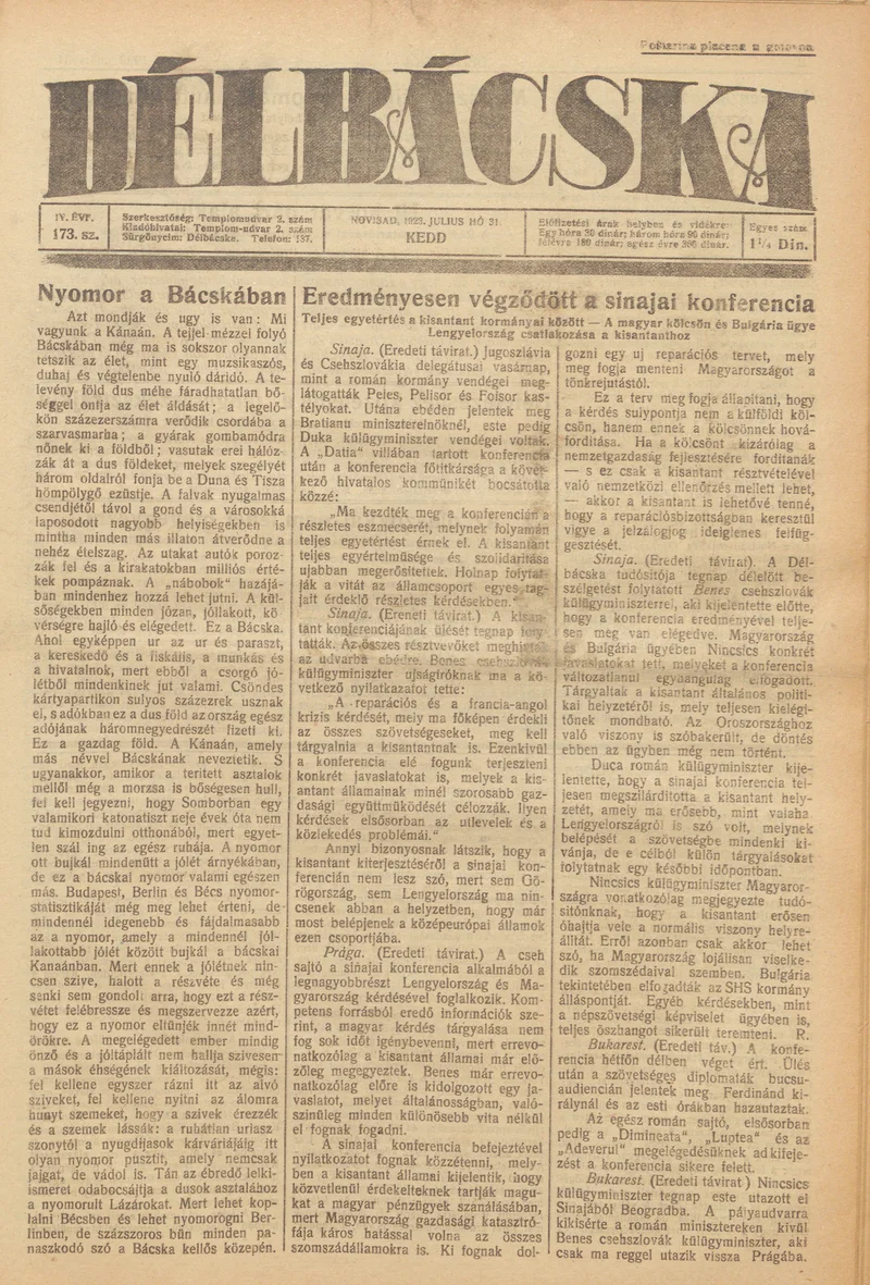 Délbácska, 4. évf. 1923. július 31. 173. sz.