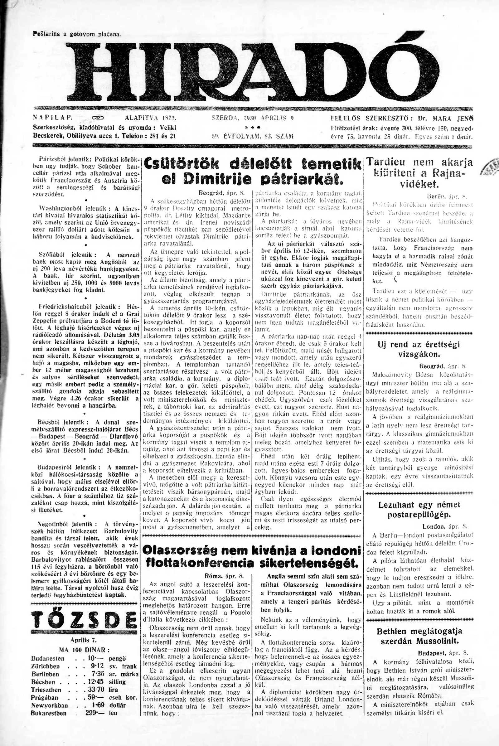 Híradó, 59. évf. 1930. április 9. 83. sz.