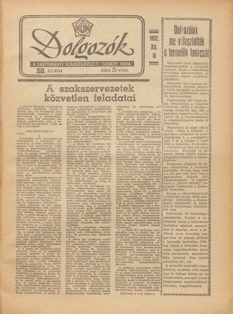 Dolgozók, 6. évf. 1952. december 16. 20. sz.